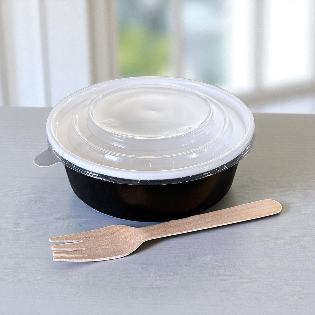 Black 500ml Round Bowl With Clear PP Lid - Propus Packaging